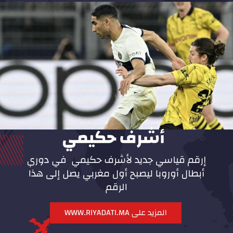 أشرف حكيمي يصبح أول مغربي يصل إلى هذا الرقم بدوري أبطال أوروبا